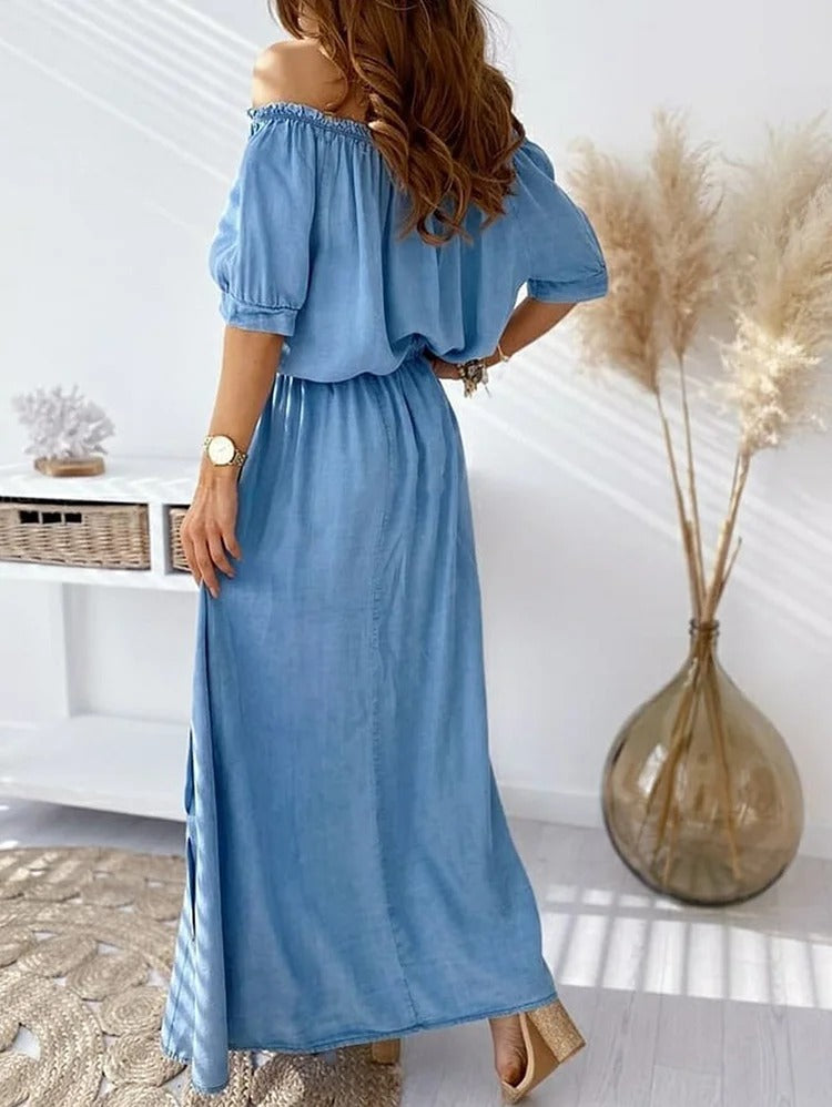 Casual Plain Off Shoulder Frill Trim Short Sleeve Top & Elastic Waist Maxi Skirt 2Pcs Set