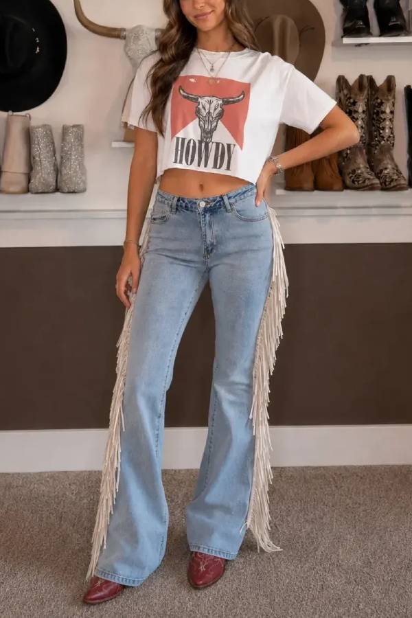 Western Cowgirl Denim High Rise Side Tassels Trim Pocket Flare Jeans