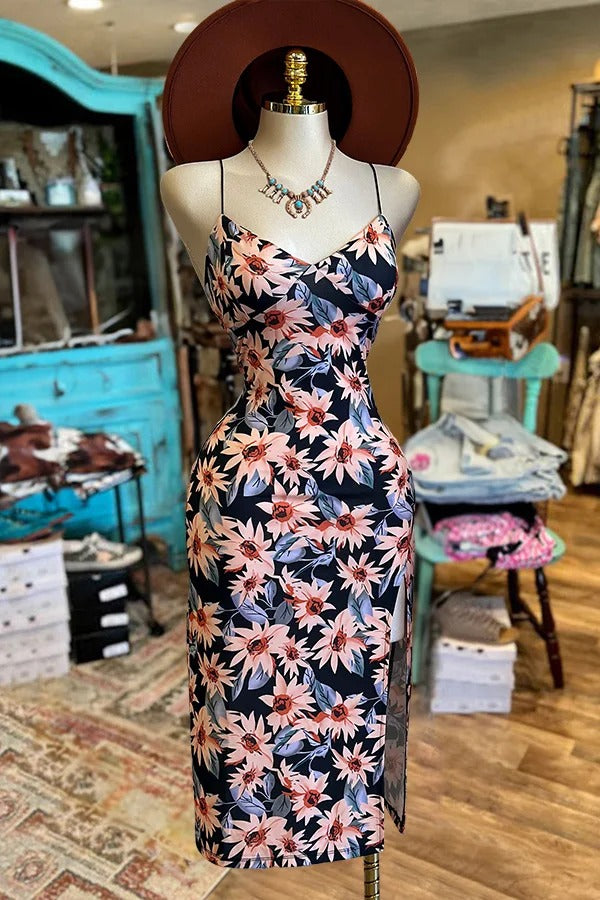 Belle robe midi fendue à bretelles et motif floral