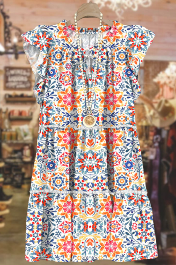 Rüschen-Midikleid mit Vintage-Grafikdruck