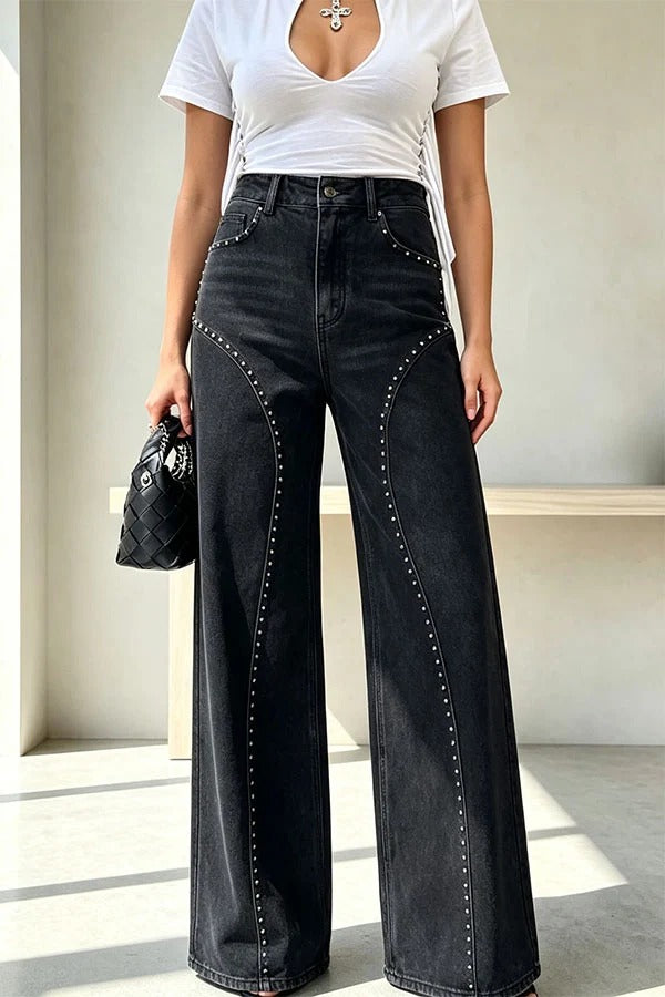 Trendy and Unique Denim Beaded High Rise Pocket Straight Leg Jeans