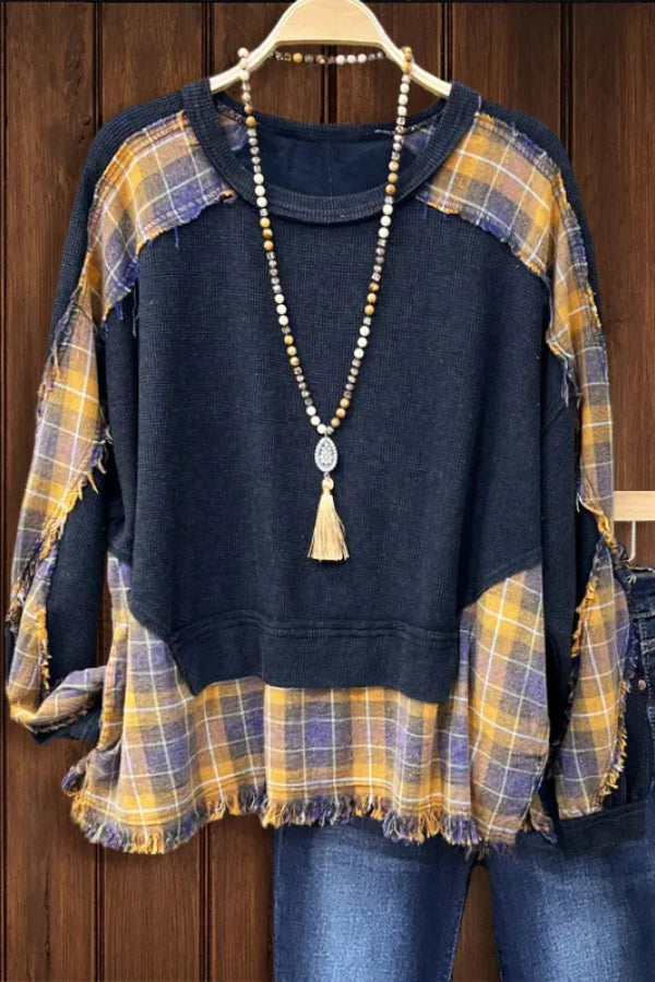 GEWASCHENER WAFFEL-KARIERTER PULLOVER