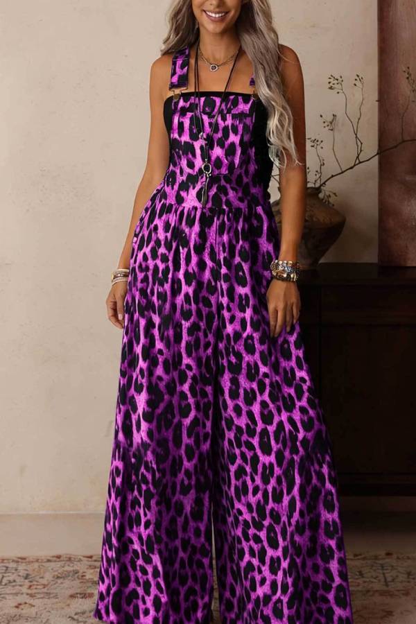 Colorful Leopard Print Adjustable Strap High Waist Wide Leg Jumpsuit
