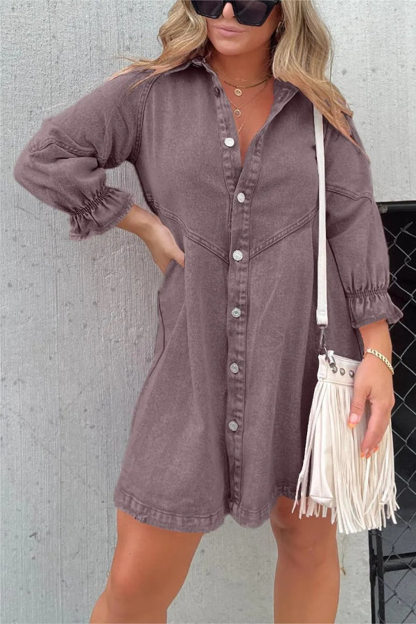 New Washed Denim Puff Sleeve Dress