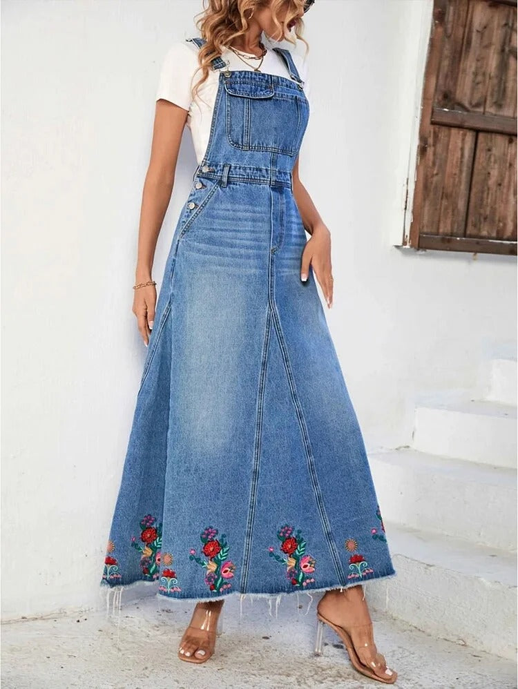 Casual Floral Sleeveless Raw Hem A-Line Maxi Overall Dress
