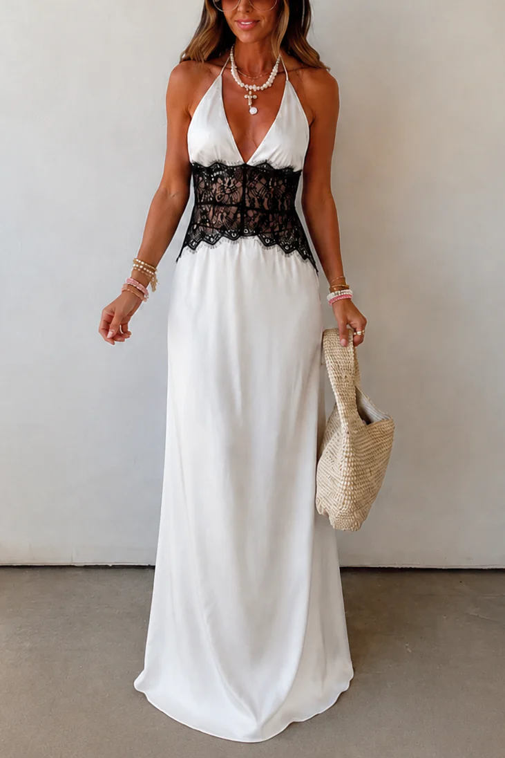 Elegant Deep V Lace Stitching Neck Sexy Dress