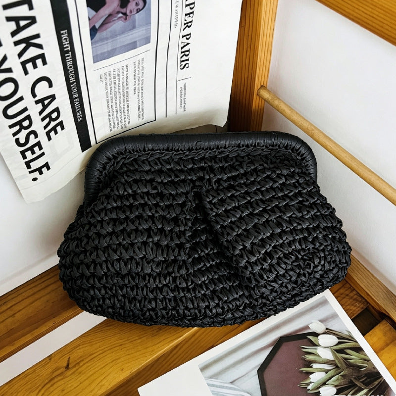 Ruched Woven Cloud Straw Clutch Bag