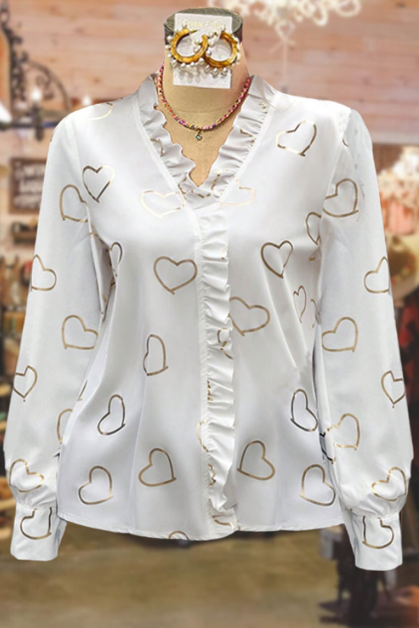 Heart Print V-neck Ruffled Long Sleeved Blouse