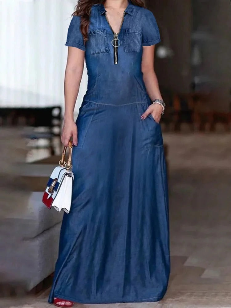 Ur Fashion Plain Half Zipper Short Sleeve Denim Maxi Dress