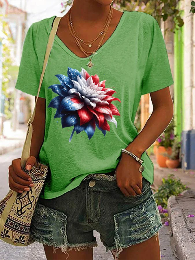 T-shirt col V à imprimé floral pour femme, fête de l'indépendance