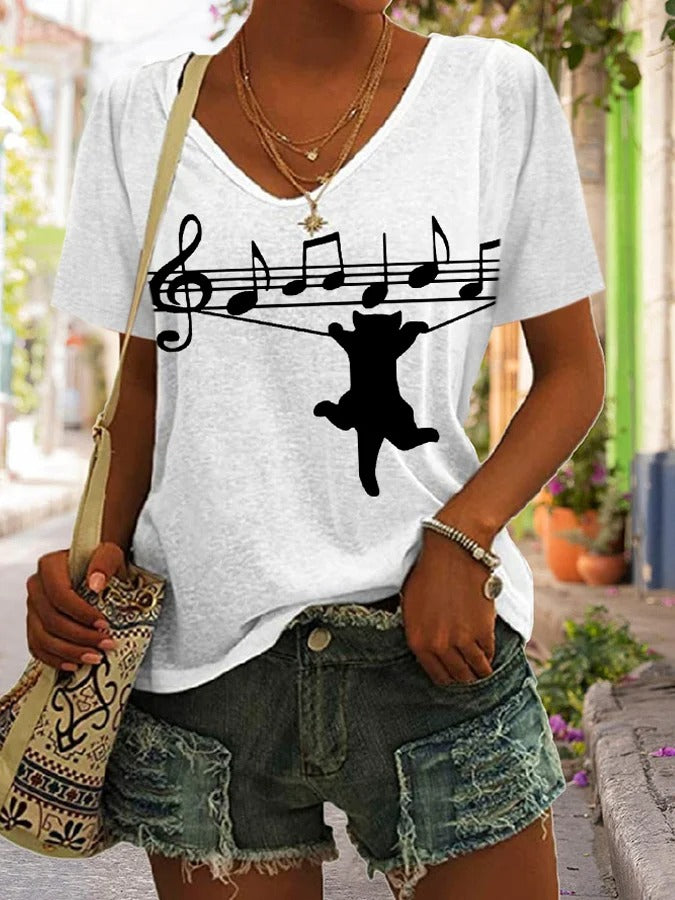 T-shirt col V décontracté à imprimé chat au piano pour femme