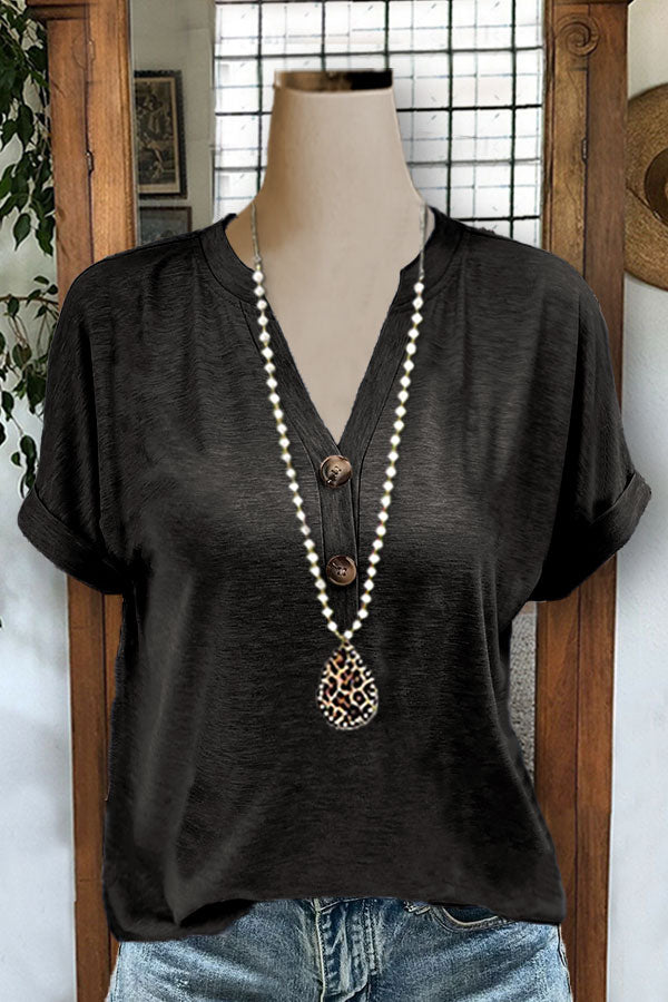 Cotton Solid Color Button V-neck Top