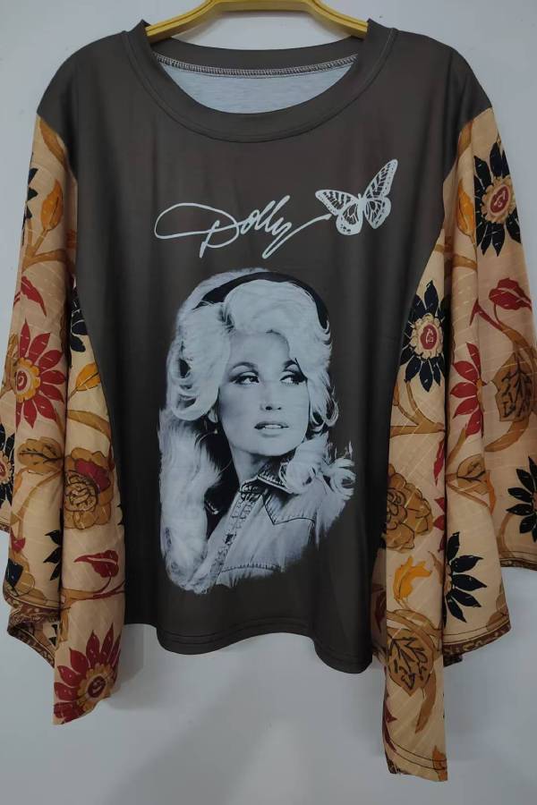 Floral Sleeve Celebrity Print Top