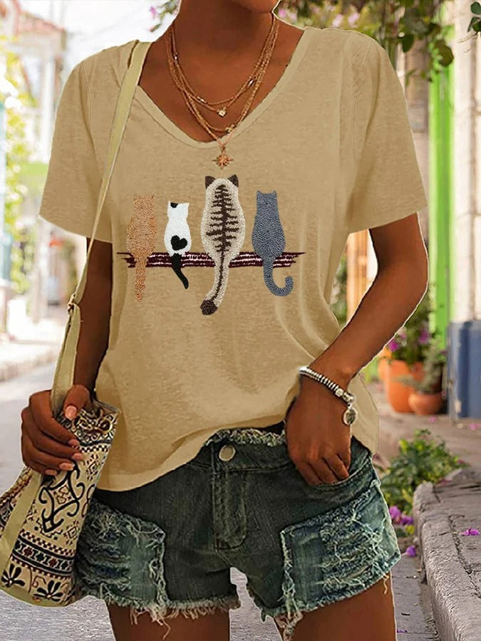 T-shirt col V à imprimé chat pour femme