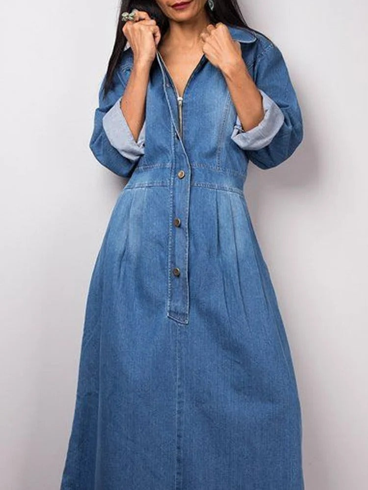 Robe longue décontractée en denim délavé avec col à revers boutonné