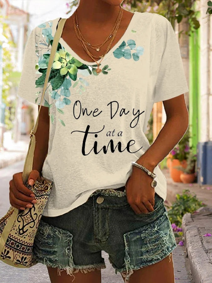 Womens One Day At A Time Mental Health Awareness Print V Neck T-Shirt