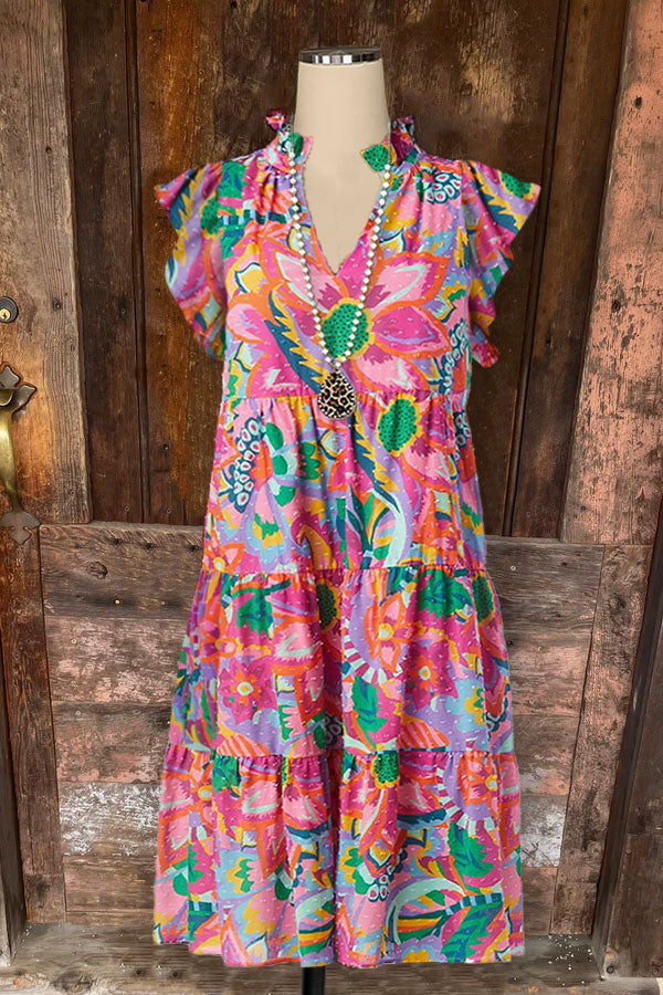 Robe plissée à imprimé floral et col en V à volants