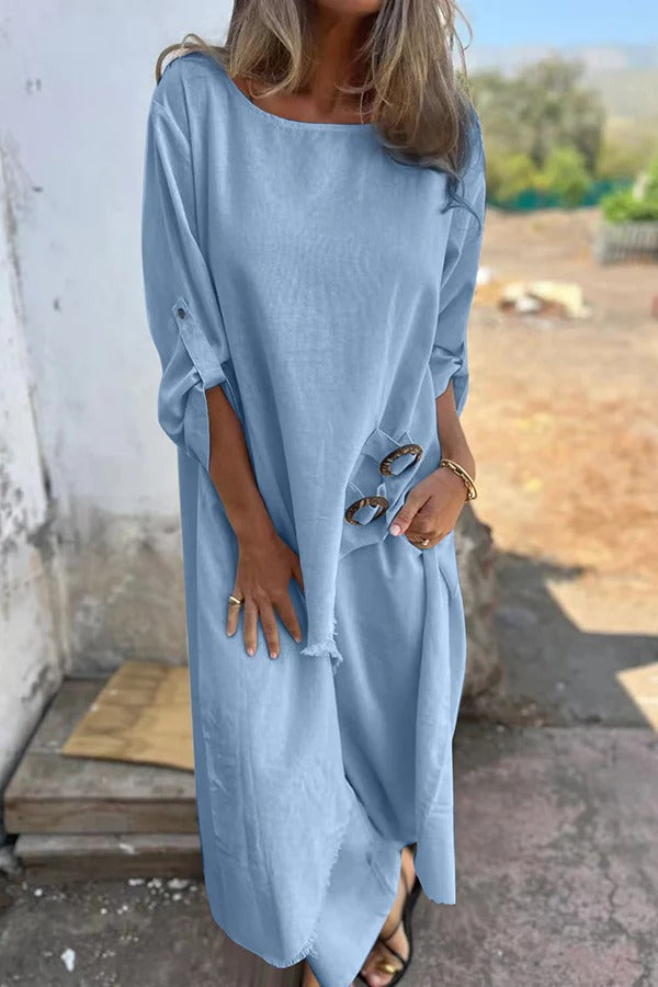 Jamilah Linen Blend Ring Detail Midi Blouse and Elastic Waist Pocketed Loose Pants Set