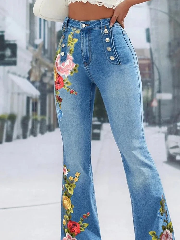 UR Daily Floral Embroidery Denim High Waist Button Design Jeans