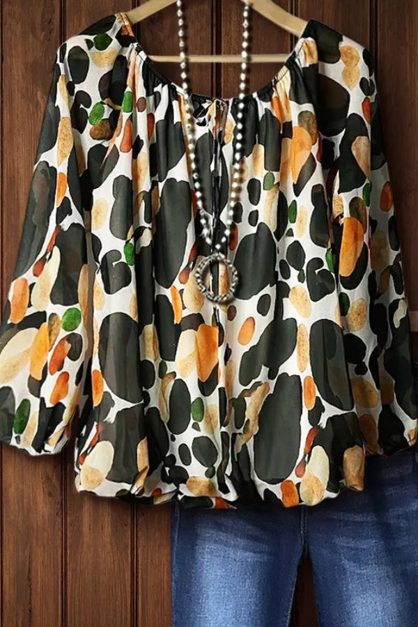 BUBBLE PRINT LACE UP CREW NECK TOP