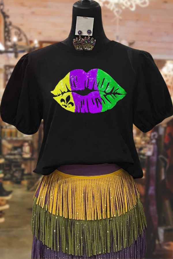 Haut à manches bouffantes et lèvres à paillettes Mardi Gras