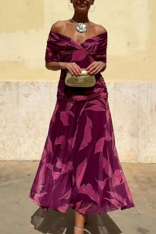 Elegant Off-Shoulder Ruched Leaf Print Maxi Dress