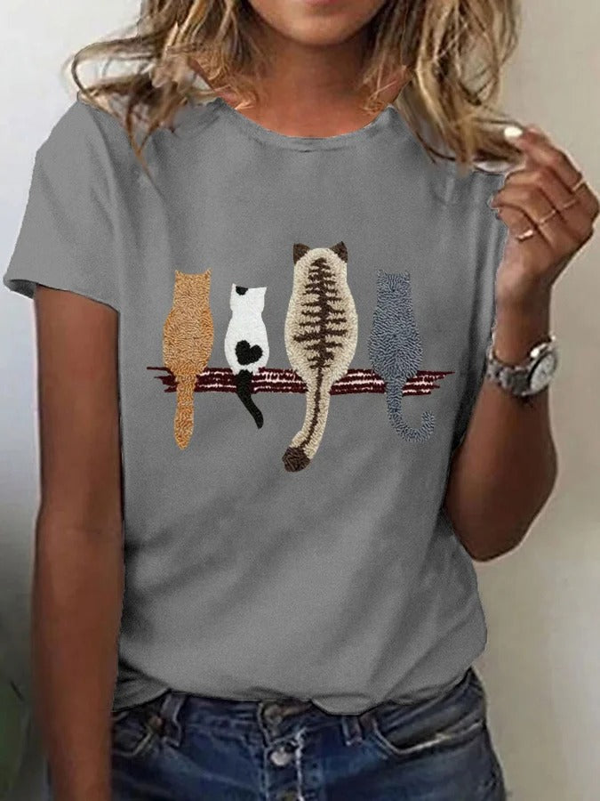 T-shirt décontracté imprimé chat pour femme