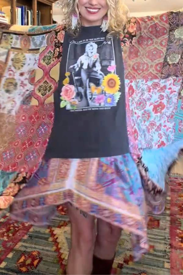 Retro Music Poster Floral Patchwork Kimono Tunic