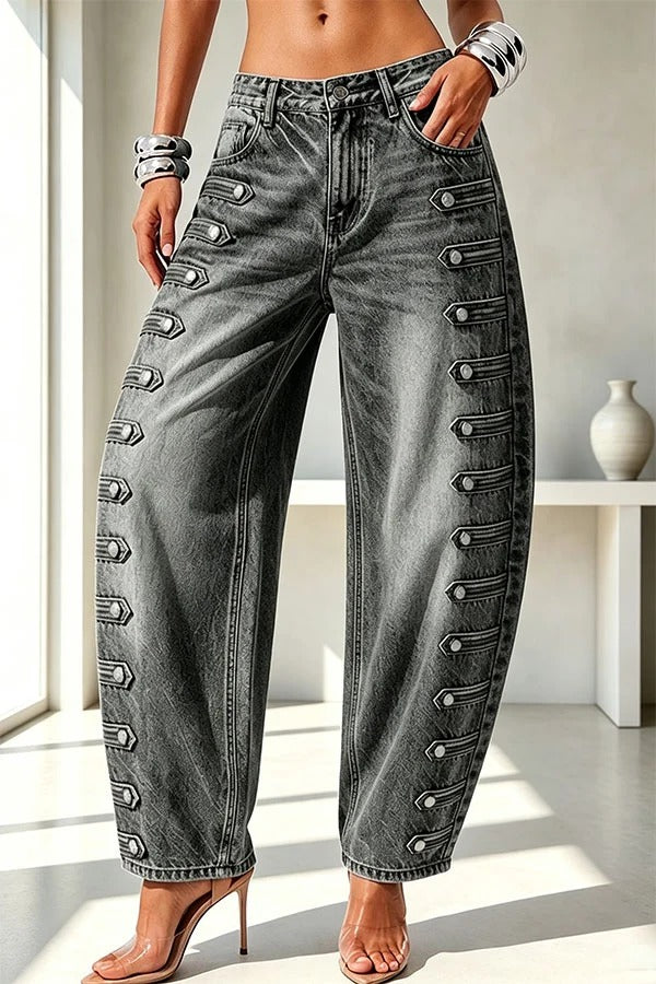 Napoleon-style Denim Metal Buttons Detail High Rise Pocket Loose Jeans