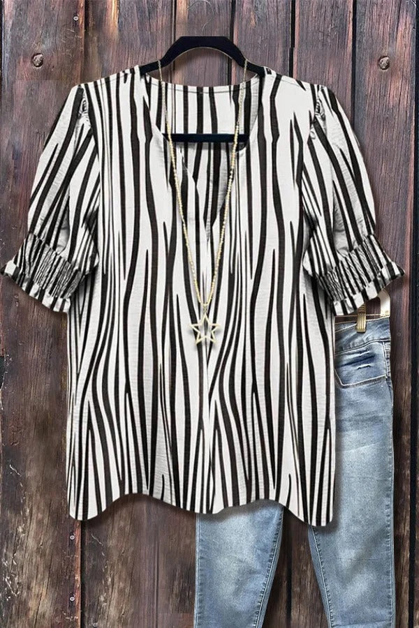 Zebra Print V-Neck Smcoked Short Sleeve Top