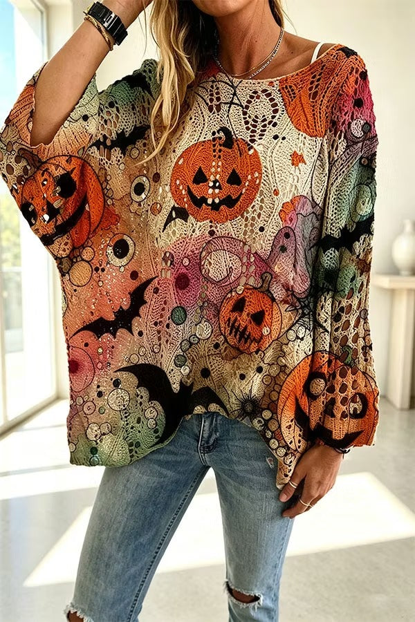 Halloween Pumpkin & Bat Hollow Out Knit Oversized Sweater