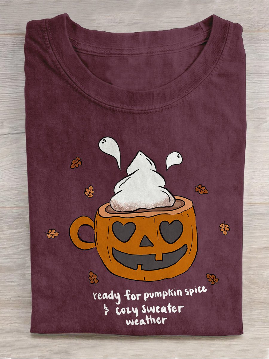 Pumpkin Spice Mug Halloween Casual Print T-shirt