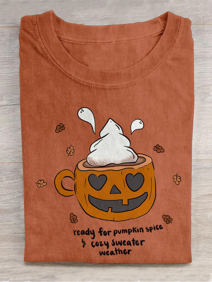 Pumpkin Spice Mug Halloween Casual Print T-shirt