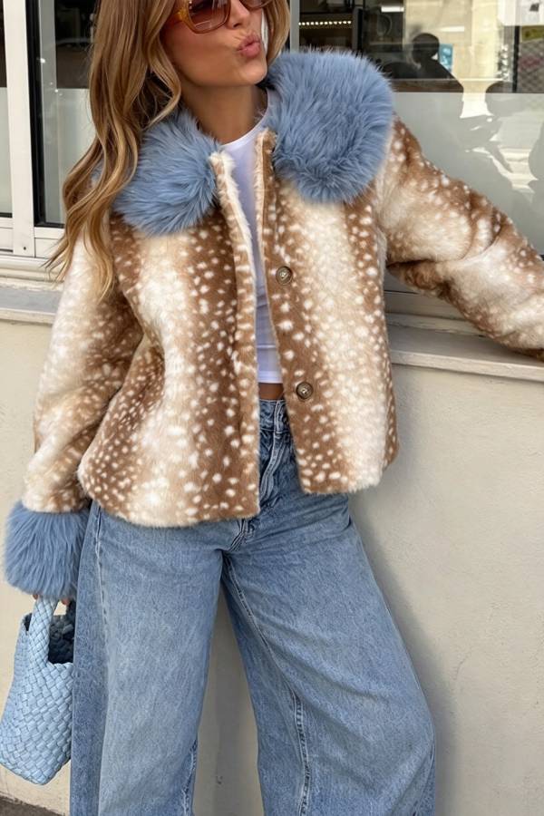 Trendy Faux Fur Spotted-Print Colorblock Furry Collar Button Up Loose Coat