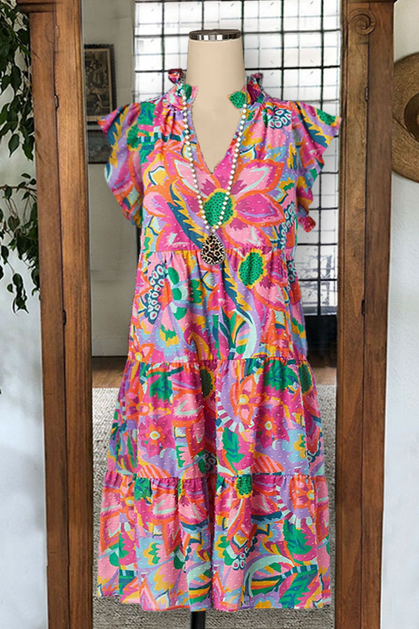Robe plissée à imprimé floral et col en V à volants