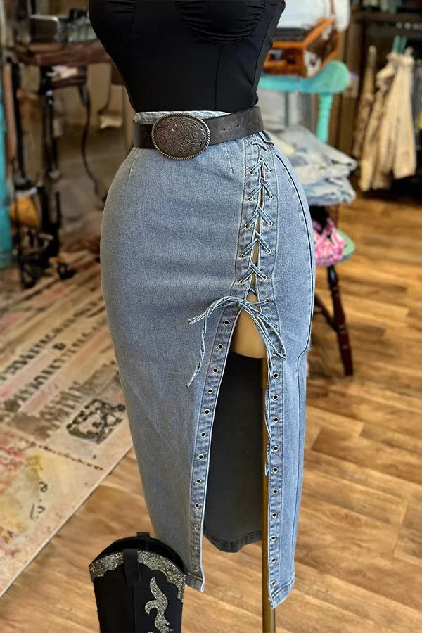 Jupe midi fendue en jean délavé vintage