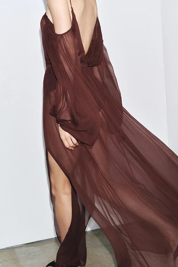 Marsie Semi-sheer Fabric Cutout Off Sholder Elastic Waist Slit Maxi Dress