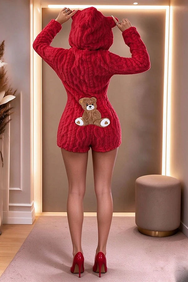 Relaxed and Cozy Teddy Bear Long Sleeve Zipper Hooded Lounge Romper