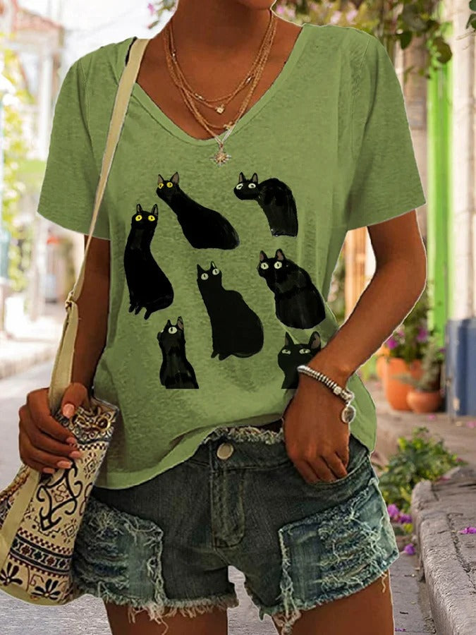 T-shirt décontracté à col en V et imprimé chat pour femme