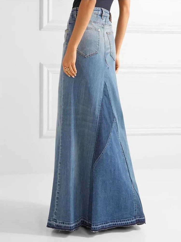Casual Light Washed High Waist Spliced Denim Maxi Skirt
