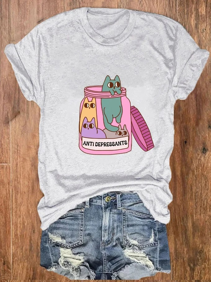 Lustiges Katzen-T-Shirt mit Antidepressiva-Aufdruck für psychische Gesundheit für Damen