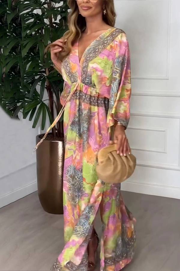 Summer Bold Floral Print Elastic Waist Backless Slit Casual Maxi Dress