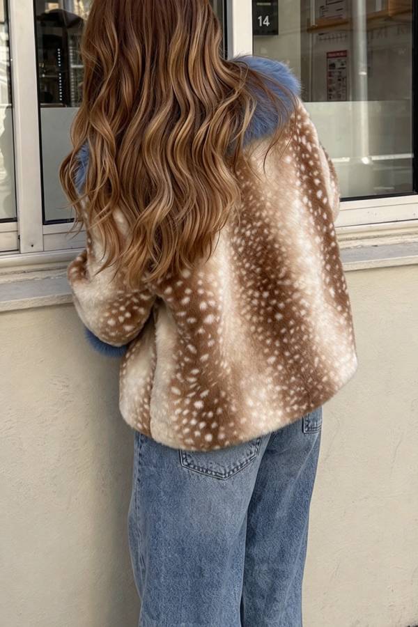 Trendy Faux Fur Spotted-Print Colorblock Furry Collar Button Up Loose Coat