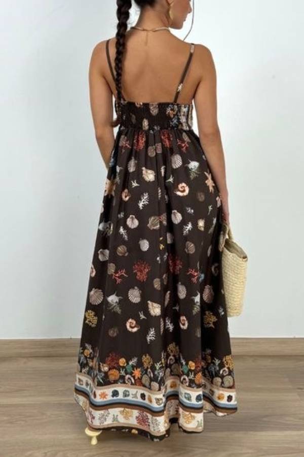 Ocean Shell Print Square Neck Smocked Back Swing Maxi Vacation Dress
