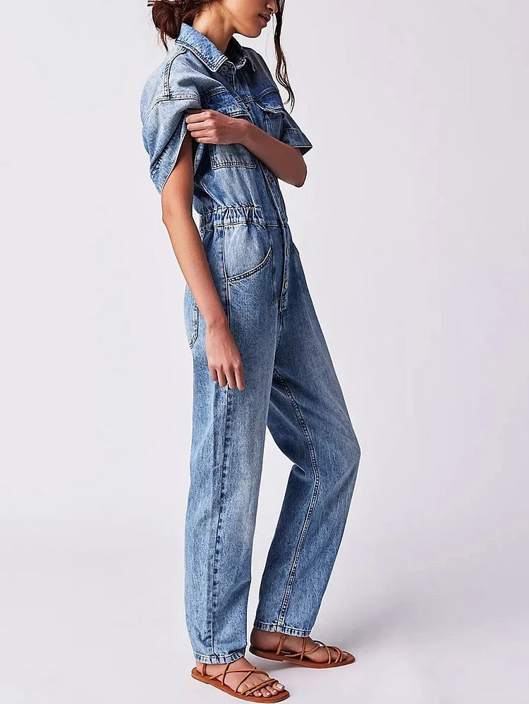Casual Light Washed Lapel Collar Short Sleeve Denim Jumpsuit