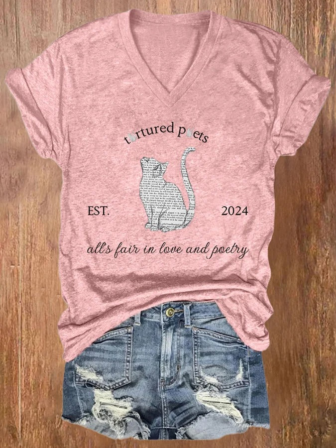 Women's All’s Fair In Love And Poetry Print Casual V Neck T-shirt