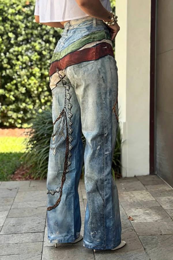 Street Graffiti Denim Unique and Fun Prints High Rise Pocket Straight Leg Jeans
