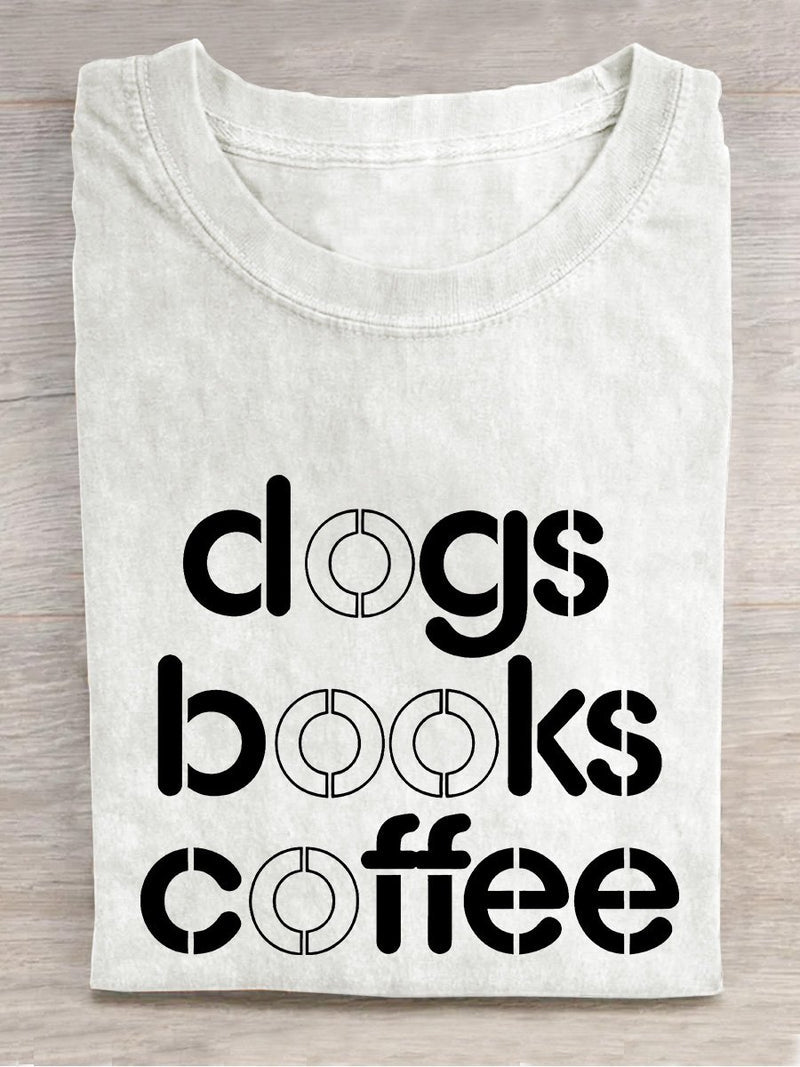 Dog Book and Coffee Casual Print T-shirt