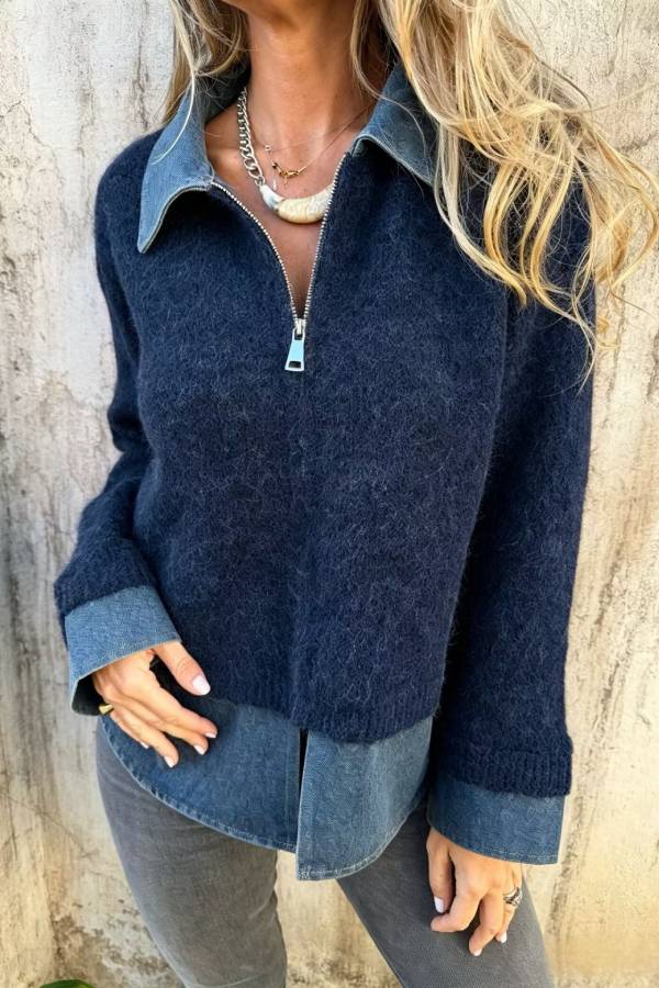 Denim Spliced Half Zip Faux-Not Two Piece Fluffy Sweater