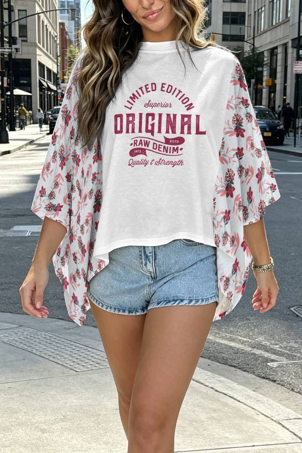 Graphic Print Mixed Fabric Batwing Sleeve Irregular Back Hem Blouse